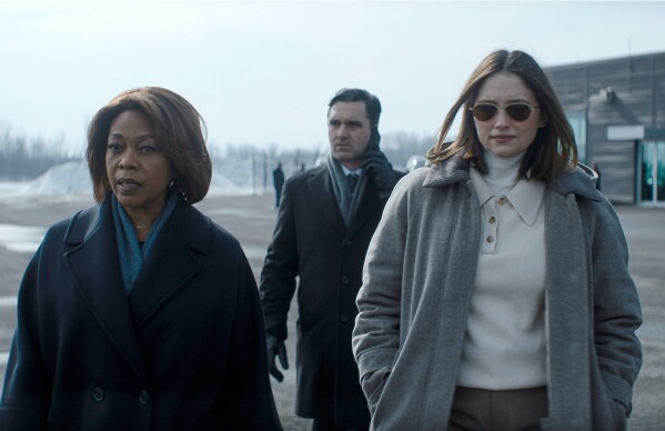 This image released by Apple TV+ shows, from left, Alfre Woodard, Gray Powell and Haley Bennett in a scene from "The Last Frontier." (Apple TV+ via AP)