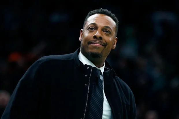 Former Boston Celtic Paul Pierce attends the NBA basketball game between the Celtics and the Houston Rockets in Boston, Saturday, Feb. 29, 2020. (AP Photo/Michael Dwyer)