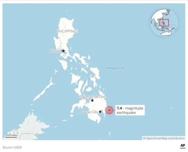 Map locating a 7.4-magnitude earthquake off the southern Philippines. (AP Digital Embed)