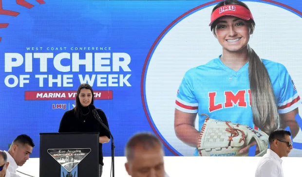 Inductee Marina Vitalich speaks at the annual Los Angeles Sportswalk...