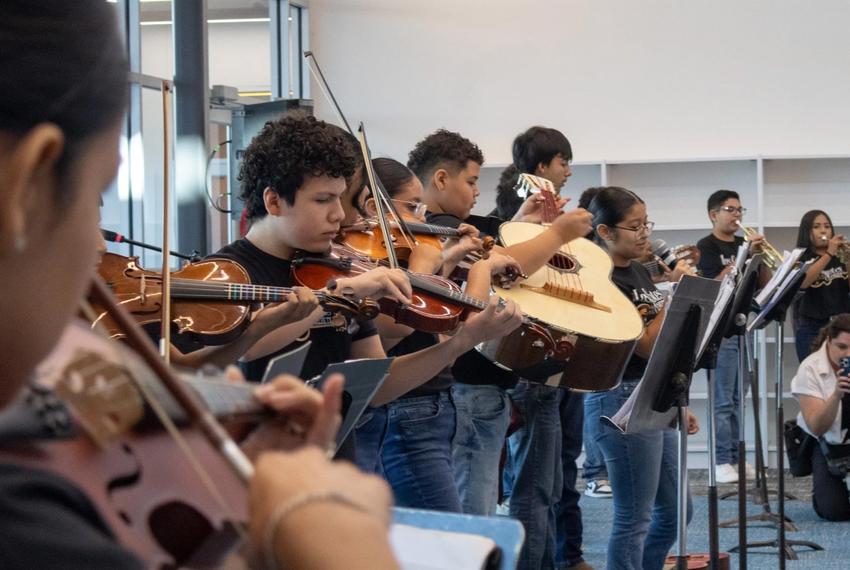 Mariachi Los Coyotes perform at the ribbon cutting event for Legacy Elementary. The mariachi students from Morales Junior High attended Robb Elementary the day of the shooting.