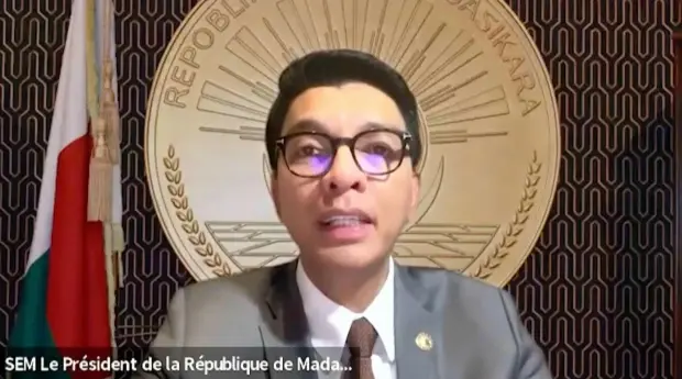 This grab taken from video released on Monday, Oct. 13, 2025, shows Madagascar President Andry Rajoelina giving a speech from an unknown location after an apparent coup attempt forced him into hiding. (Presidency Of The Republic Of Madagascar via AP)