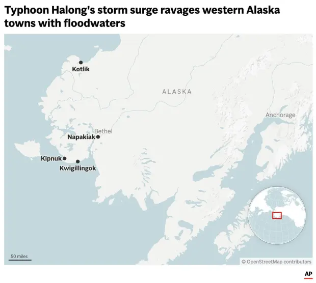 The map above locates towns in western Alaska impacted by floodwaters and storm surge from typhoon Halong