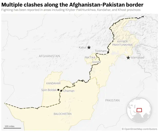 This map shows several provinces and cities along the Afghanistan-Pakistan border that have been impacted by recent clashes between the two countries. (AP Digital Embed)
