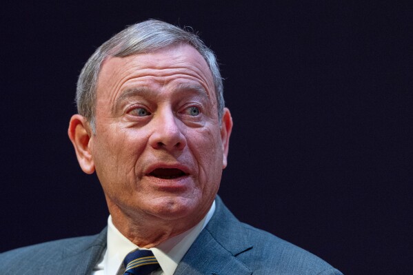 Chief Justice of the United States John Roberts speaks during lecture to the Georgetown Law School graduating class of 2025, in Washington, May 12, 2025. (AP Photo/Manuel Balce Ceneta, File)