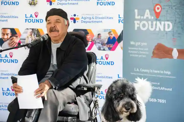 With his service dog Vito by his side Carlos Benavides,...