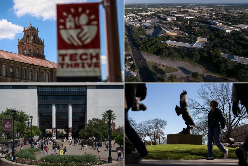 Clockwise from top left: Texas Tech University in Lubbock, Angelo State University in San Angelo, the University of North Texas in Denton and Texas State University in Denton.