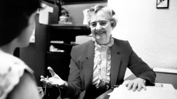 An undated photo of Sister Jean Dolores Schmidt, who worked at Mundelein College from 1961 to 1991. Sister Jean has become a fixture at Loyola Ramblers basketball games. (Loyola University Chicago)