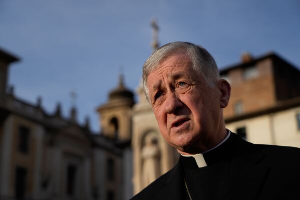 Archbishop of Chicago, Cardinal Blase Cupich answers a journalist's question during an interview with the Associated Press, in Rome, Thursday, Oct. 9, 2025. (AP Photo/Gregorio Borgia)